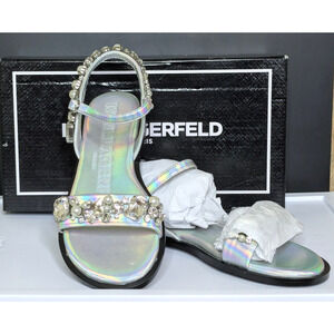 Karl Lagerfeld Shoes Womens 7.5 Silver Gwenda Flat Pearl Rhinestone Sandal NEW